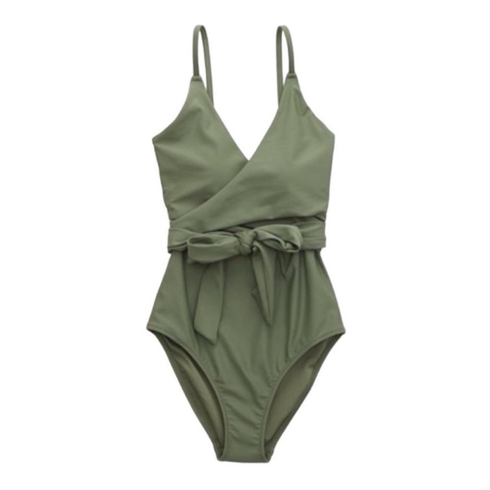 Aerie Green One Piece Swimsuit with Wrap V-Neck and Tie Waist